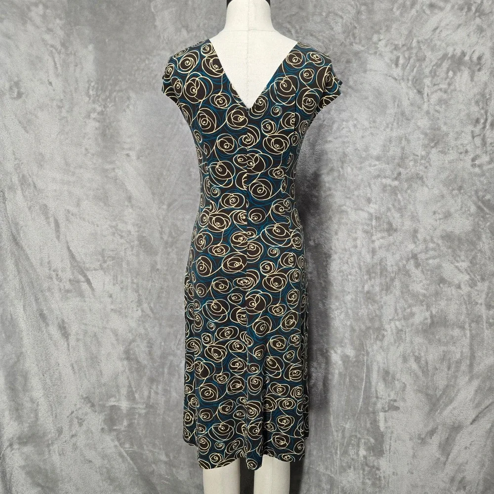 Vtg London Times Sheath Dress Women 6 Brown Abstract Swirl Ruched V-Neck Y2K Mod